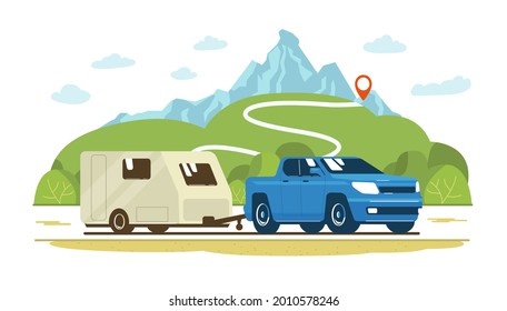 Pickup truck and trailer caravan on the road against the backdrop of a rural landscape. Vector flat style illustration.