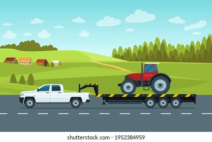 Una camioneta con un remolque transporta un tractor en la carretera contra el telón de fondo de un paisaje rural. Ilustración vectorial de estilo plano.