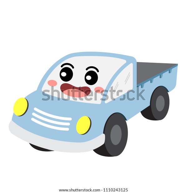 Pickup Truck\
transportation cartoon character perspective view isolated on white\
background vector\
illustration.