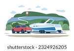 Pickup truck transports a powerboat on a trailer along the route against the backdrop of a rural landscape. Vector illustration.