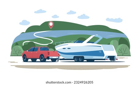 Pickup truck transports a powerboat on a trailer along the route against the backdrop of a rural landscape. Vector illustration.