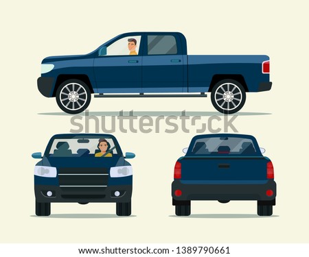 Pickup truck two angle set. Car with driver man side view, back view
 and front view. Vector flat illustration