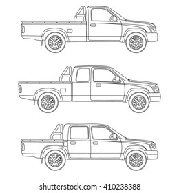 Pickup truck types set vector illustration blueprint