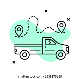 Pickup Truck Vector Icon. Linear Illustration On The Theme Of Transport. Pictogram For Car Rental, Delivery Or Transportation. Image Of The Trip Route With Geolocation.