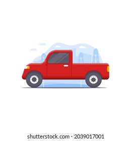 Ilustración vectorial de camiones de recogida diseñada en rojo y decorada con elementos de ilustración de paisajes urbanos como fondo en el tema de ilustración de vehículos de transporte