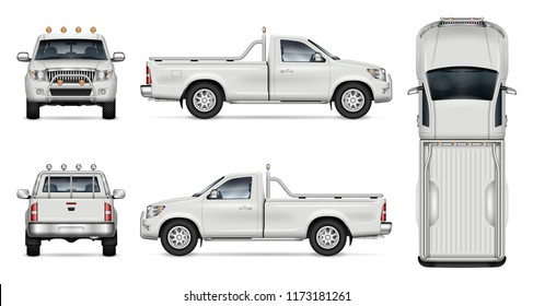 Pickup truck vector mockup on white background for vehicle branding, corporate identity. View from side, front, back, and top. All elements in the groups on separate layers for easy editing