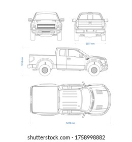 Pickup truck vector template. Truck blueprint. 4x4 car on white background. Mockup template for branding. Blank vehicle branding mockup.