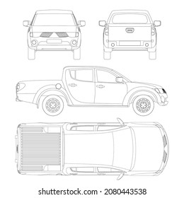 Pickup Truck Vector Template. Truck Blueprint. Double Cab Car On White Background. Mockup Template For Branding.