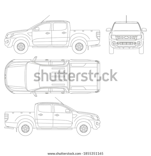 Pickup truck vector template. Truck blueprint. 4x4\
car on white background. Mockup template for branding. Blank\
vehicle branding mockup