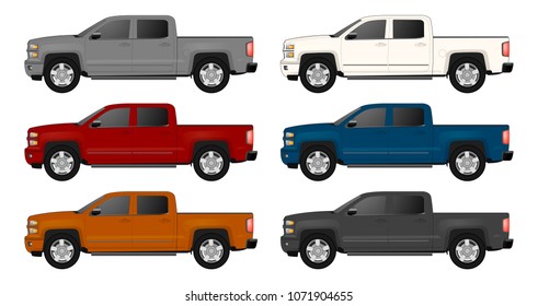 Pickup truck vector template for car branding and advertising. Isolated car set on white background. All layers and groups well organized for easy editing and recolor. View from side. Set of realistic