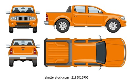 Pickup Truck Vector Template Simple Colors Without Gradients And Effects. View From Side, Front, Back, And Top