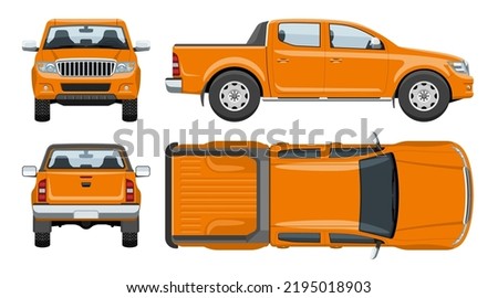 Pickup truck vector template simple colors without gradients and effects. View from side, front, back, and top