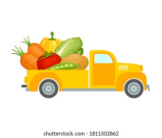 Pickup Truck With Vegetables. Delivery Of Fresh Organic Food From The Farm. Vector Illustration In Flat Style Isolated On White Background. Delivery Service Advertising Template.