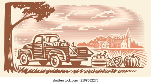 Pickup truck with vegetables in village.