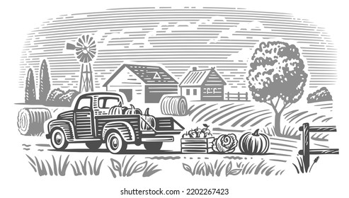 Pickup truck with vegetables in village.
