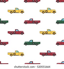 Pickup truck vintage. Pattern with retro pickup truck. Vector doodle illustration