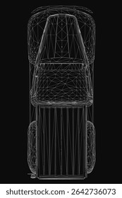Pickup truck wireframe model on black background, showcasing detailed headlights, grille, wheels, and 3D structure. The clean design highlights the vehicle's contours and technical features.