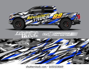 Pickup truck wrap design vector kit. Modern adventure graphics. Abstract stripe racing and grunge background for wrap all vehicle. Full vector eps 10.