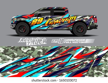 Pickup truck wrap design vector kit. Modern adventure graphics. Abstract stripe racing and grunge background for wrap all vehicle. Full vector eps 10.