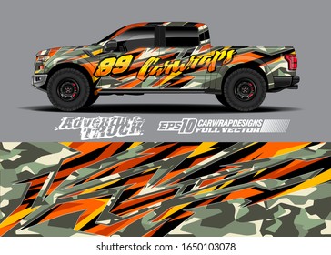 Pickup truck wrap design vector kit. Modern adventure graphics. Abstract stripe racing and grunge background for wrap all vehicle. Full vector eps 10.