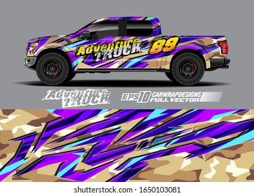 Pickup truck wrap design vector kit. Modern adventure graphics. Abstract stripe racing and grunge background for wrap all vehicle. Full vector eps 10.