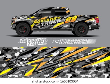 Pickup truck wrap design vector kit. Modern adventure graphics. Abstract stripe racing and grunge background for wrap all vehicle. Full vector eps 10.