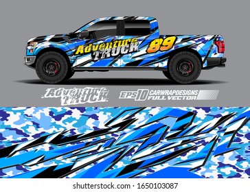 Pickup truck wrap design vector kit. Modern adventure graphics. Abstract stripe racing and grunge background for wrap all vehicle. Full vector eps 10.