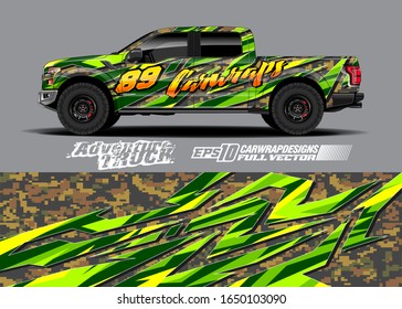 Pickup truck wrap design vector kit. Modern adventure graphics. Abstract stripe racing and grunge background for wrap all vehicle. Full vector eps 10.