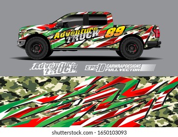 Pickup truck wrap design vector kit. Modern adventure graphics. Abstract stripe racing and grunge background for wrap all vehicle. Full vector eps 10.