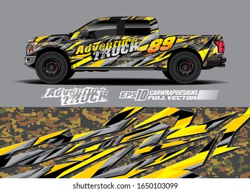 Pickup truck wrap design vector kit. Modern adventure graphics. Abstract stripe racing and grunge background for wrap all vehicle. Full vector eps 10.