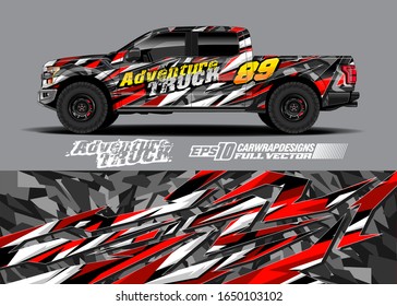 Pickup truck wrap design vector kit. Modern adventure graphics. Abstract stripe racing and grunge background for wrap all vehicle. Full vector eps 10.