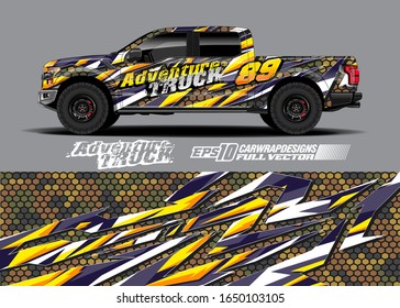 Pickup truck wrap design vector kit. Modern adventure graphics. Abstract stripe racing and grunge background for wrap all vehicle. Full vector eps 10.