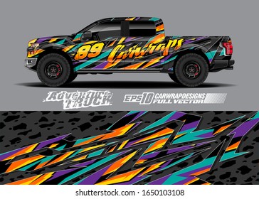 Pickup truck wrap design vector kit. Modern adventure graphics. Abstract stripe racing and grunge background for wrap all vehicle. Full vector eps 10.