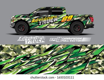 Pickup truck wrap design vector kit. Modern adventure graphics. Abstract stripe racing and grunge background for wrap all vehicle. Full vector eps 10.