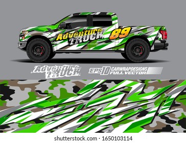 Pickup truck wrap design vector kit. Modern adventure graphics. Abstract stripe racing and grunge background for wrap all vehicle. Full vector eps 10.