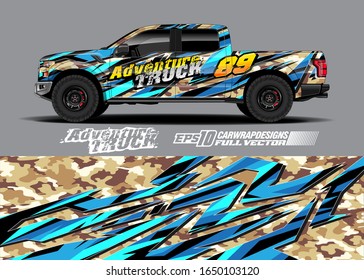 Pickup truck wrap design vector kit. Modern adventure graphics. Abstract stripe racing and grunge background for wrap all vehicle. Full vector eps 10.