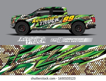 Pickup truck wrap design vector kit. Modern adventure graphics. Abstract stripe racing and grunge background for wrap all vehicle. Full vector eps 10.