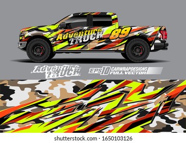 Pickup truck wrap design vector kit. Modern adventure graphics. Abstract stripe racing and grunge background for wrap all vehicle. Full vector eps 10.