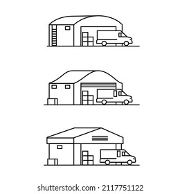 
Los camiones de recogida se utilizan para transportar artículos pequeños desde almacenes con rapidez. vector de iconos de esquema.