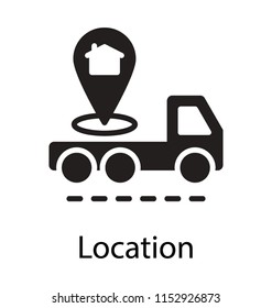 
A pickup van on the road having home pinpointer symbolising home delivery icon
