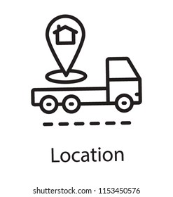 
A pickup van on the road having home pinpointer symbolising home delivery icon
