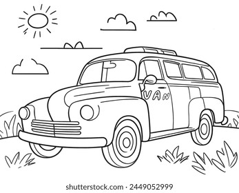 Pickup Van outline vector illustration, Black and White Van coloring page, coloring page elements