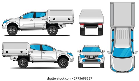 Pickup vector. Car mockup of a truck double cab illustration isolated on white background, With side, front, rear and top views