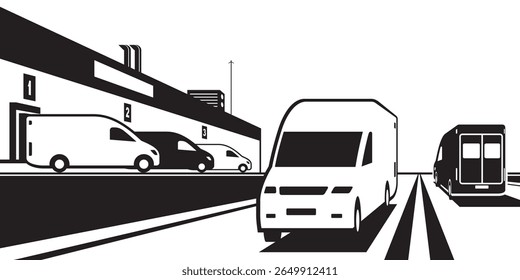 Pickups loading and carrying goods from warehouse - vector illustration