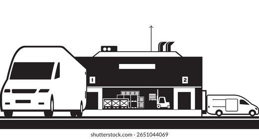 Pickups loading pallets from warehouse - vector illustration