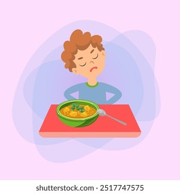 Chico quisquilloso que rechaza la comida saludable. Ilustración vectorial de dibujos animados. Niño sentado en la mesa y rechazando comer sopa de verduras. Comida, salud, dieta, concepto de capricho para el Anuncio y el Diseño web