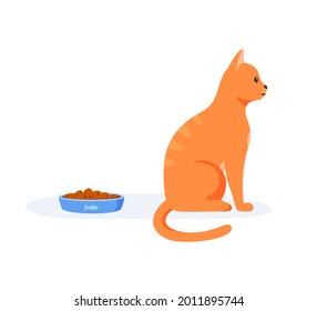 Picky cat refusing to eat food in bowl. Red domestic cat being selective and persnickety. Pet not eating kibble or wet food. Feeding pet problem. Flat style vector