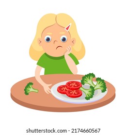 Picky children girl refusing healthy food. Cartoon vector illustration. Naughty kid rejecting vegetables, crying, dreaming of burgers, sitting at tables