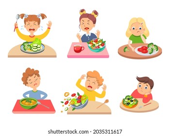 Niños complicados que rechazan comida saludable. Ilustración vectorial de dibujos animados. Un grupo de niños traviesos rechazando verduras, llorando, soñando con hamburguesas, sentados en las mesas. Comida, salud, dieta, concepto de capricho