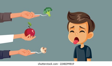 
Niño Comedor De Picky Negándose A La Ilustración De Caricatura Del Vector De Comida. A un niño disgustado y desagradable le disgusta el menú en casa
